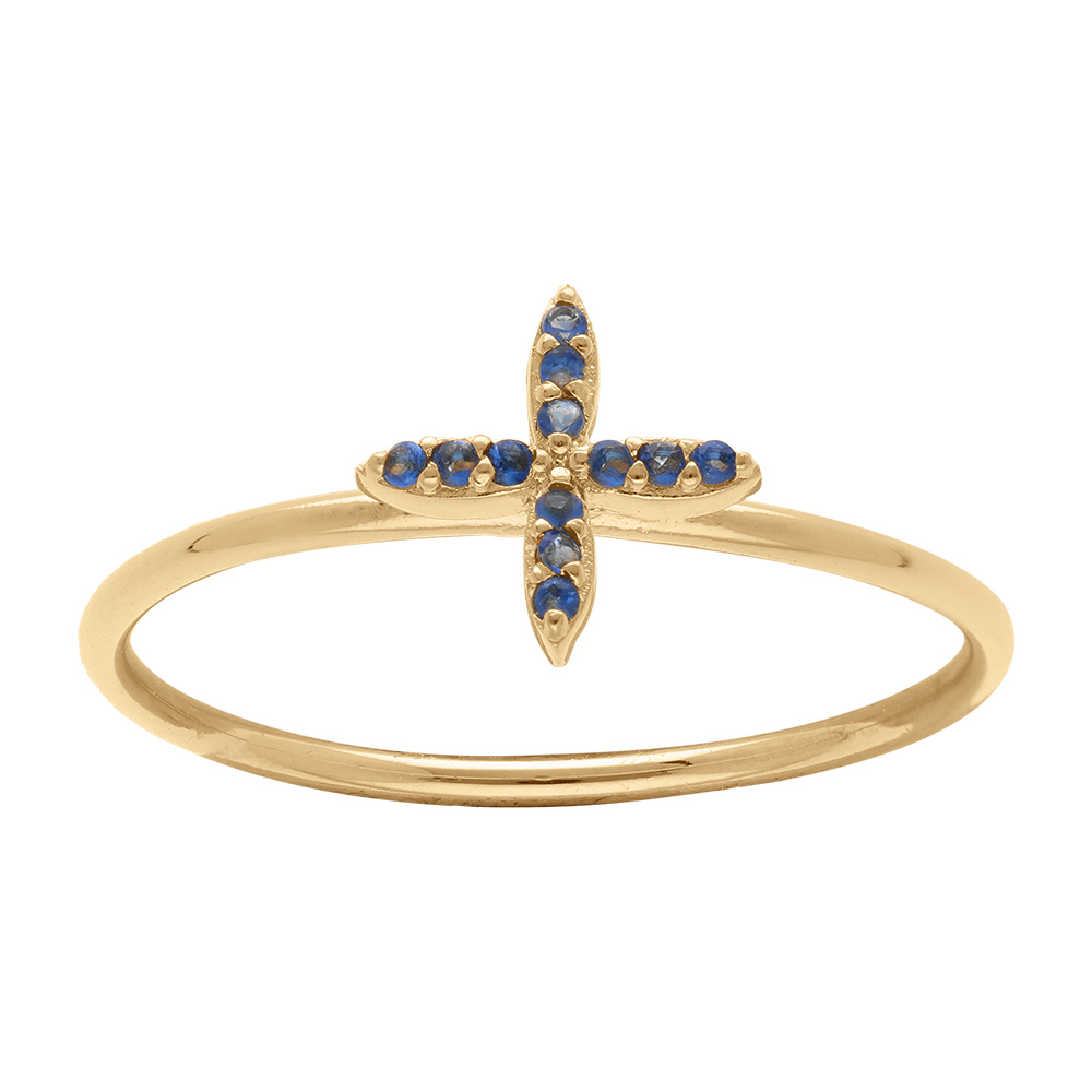 Bague en plaqu� or avec croix orn�e d\'oxydes bleus - Vue 1
