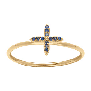 Bague en plaqu� or avec croix orn�e d'oxydes bleus