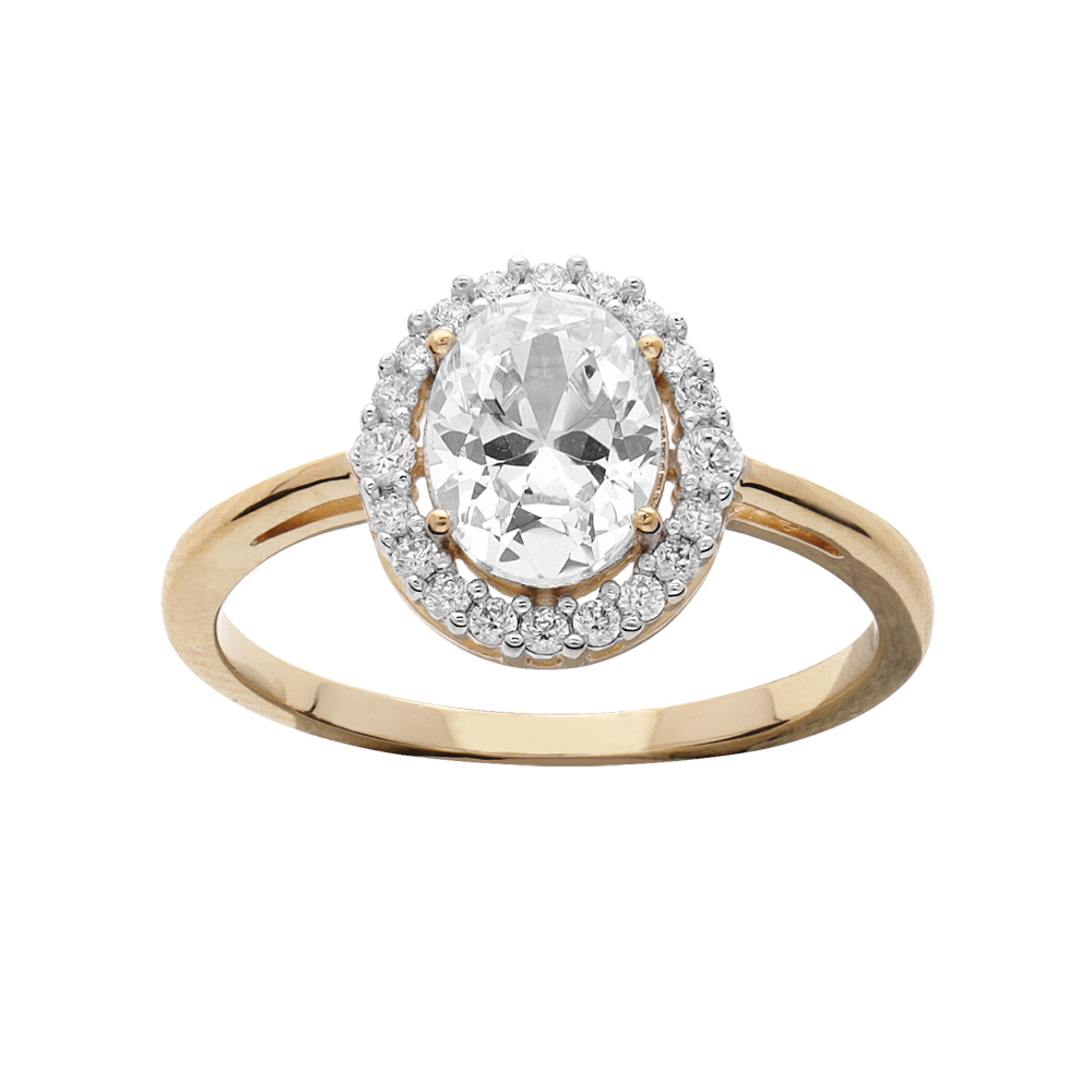 Bague en plaqu� or avec oxyde blanc oval et contour oxydes blancs sertis - Vue 1