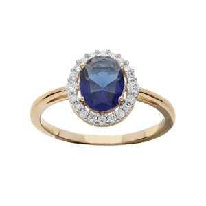 Bague en plaqu or avec oxyde bleu oval et contour oxydes blancs sertis - Vue 1