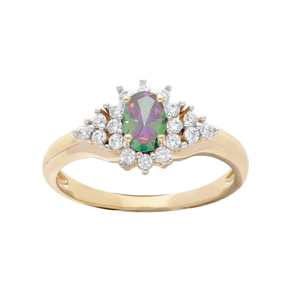 Bague en plaqu or avec oxyde central arc en ciel et contour oxydes blancs sertis - Vue 1