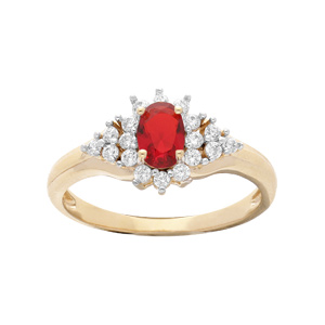 Bague en plaqu or avec oxyde central rouge et contour oxydes blancs sertis - Vue 1