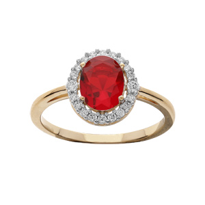 Bague en plaqu or avec oxyde rouge oval et contour oxydes blancs sertis - Vue 1