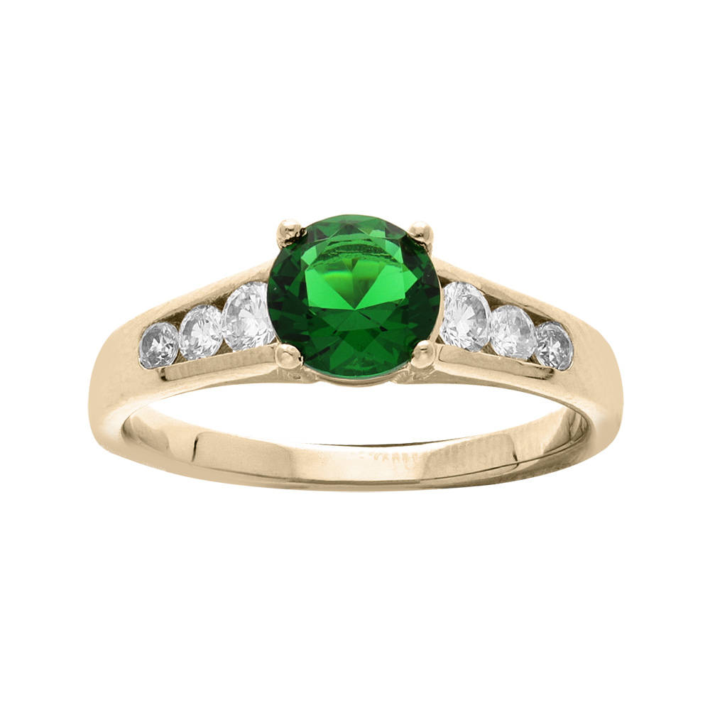 Bague en plaqu� or avec oxyde vert et oxydes blancs sertis en cascade - Vue 1