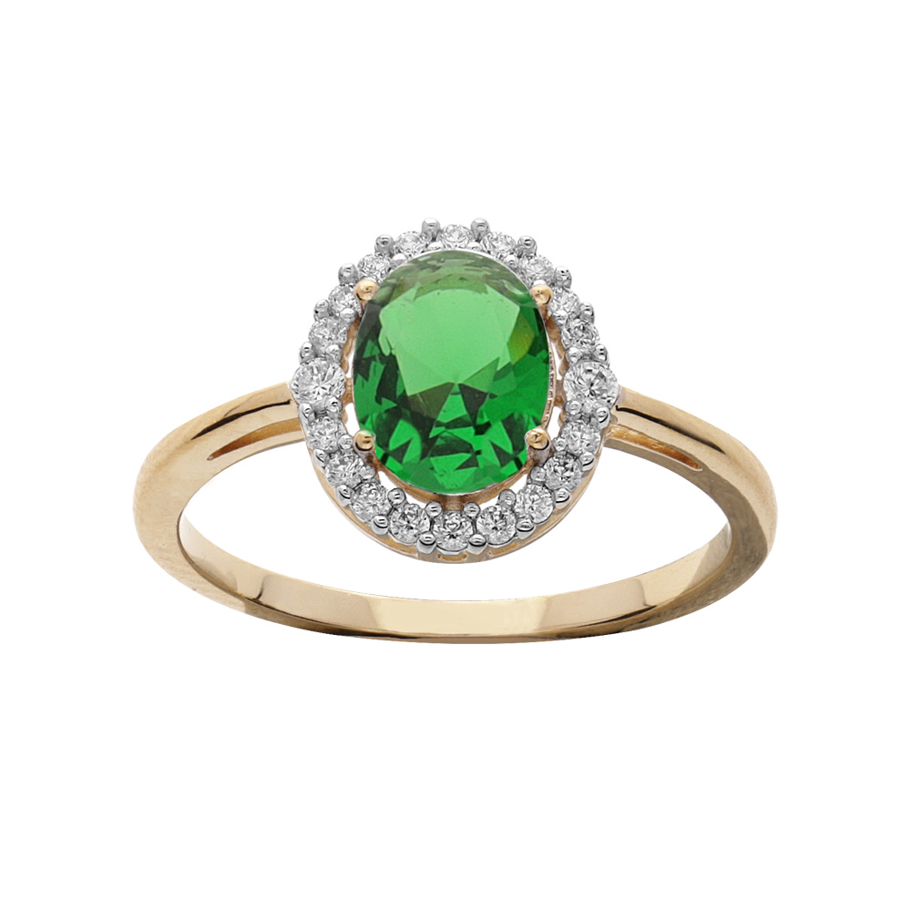 Bague en plaqu� or avec oxyde vert oval et contour oxydes blancs sertis - Vue 1