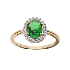 Bague en plaqu or avec oxyde vert oval et contour oxydes blancs sertis - Vue 1