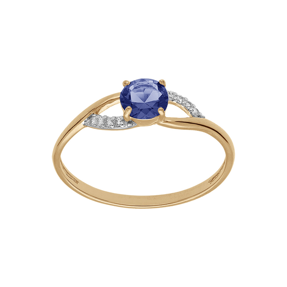 Bague en plaqu or avec oxydes bleu fonc et blancs sertis - Vue 1