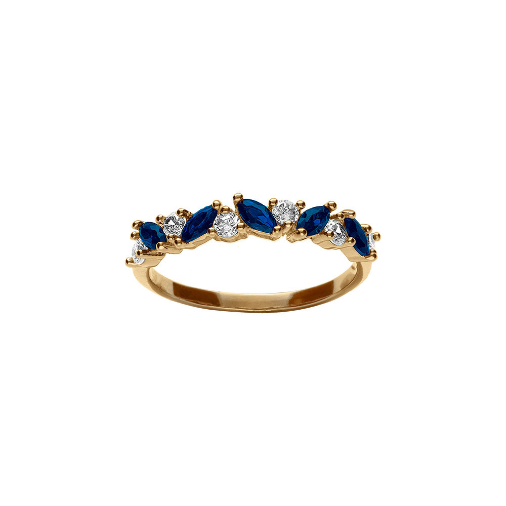 Bague en plaqu or avec oxydes bleus foncs forme marquise et oxydes blancs ronds - Vue 1