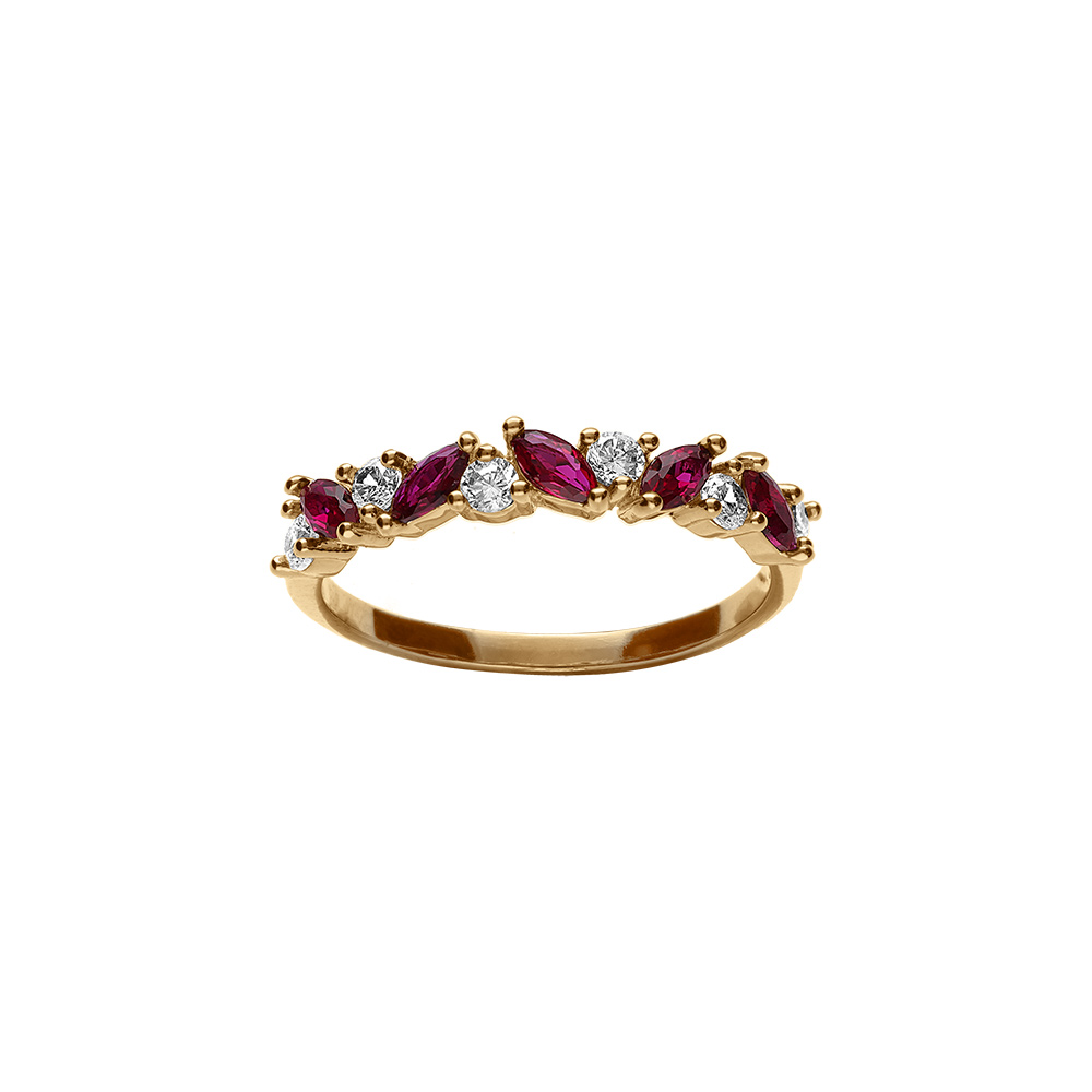 Bague en plaqu� or avec oxydes fushia forme marquise et oxydes blancs ronds - Vue 1