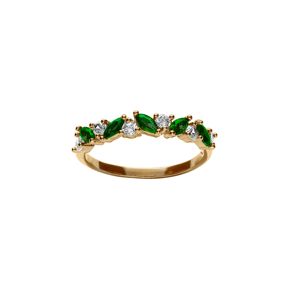 Bague en plaqu or avec  oxydes verts forme marquise et oxydes blancs ronds - Vue 1