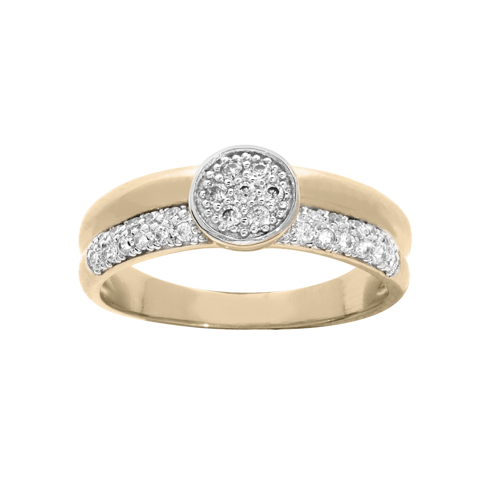 Bague en plaqu or avec pastille ronde pave d\'oxydes blancs sertis - Vue 1