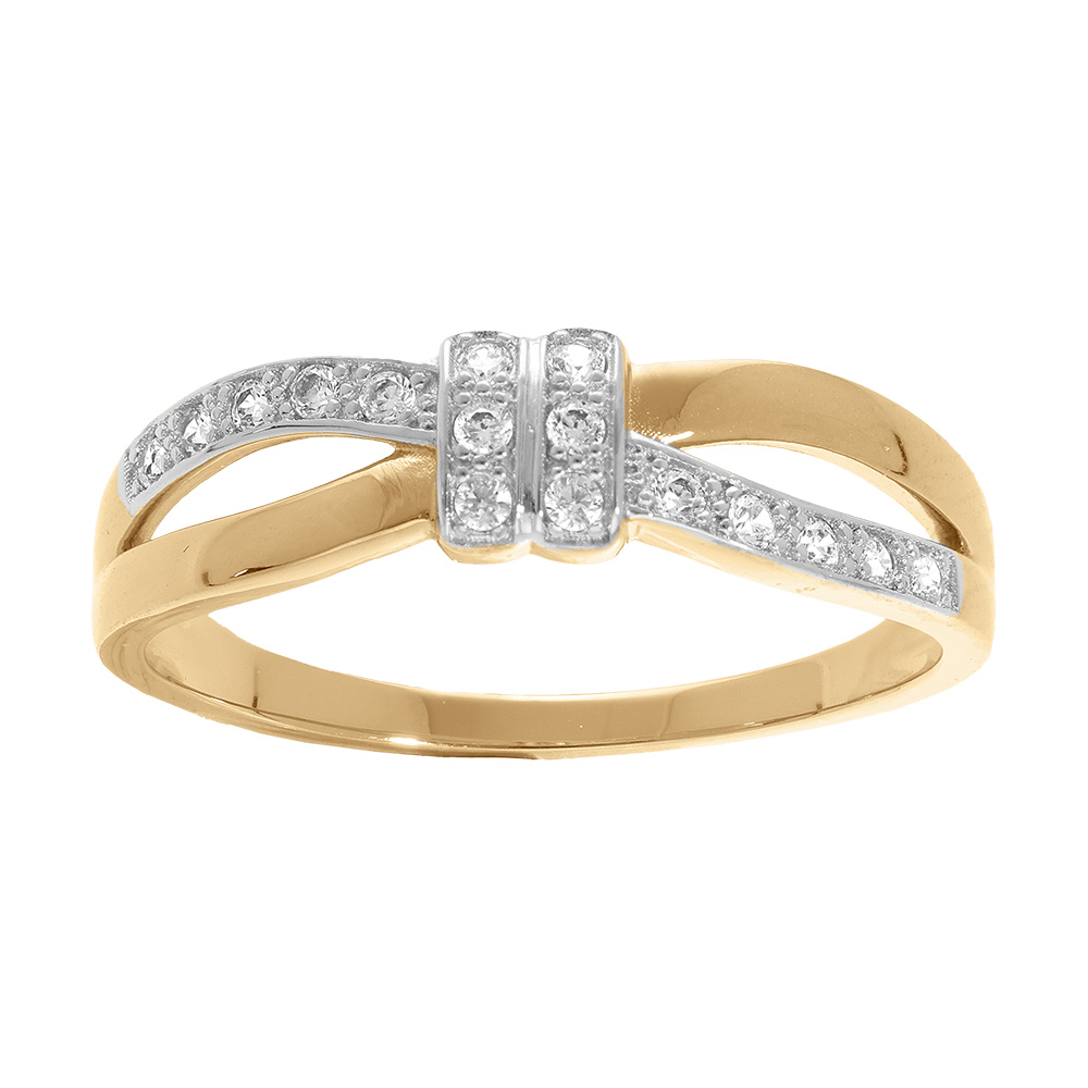 Bague en plaqu or boucle croise et oxydes blancs sertis - Vue 1