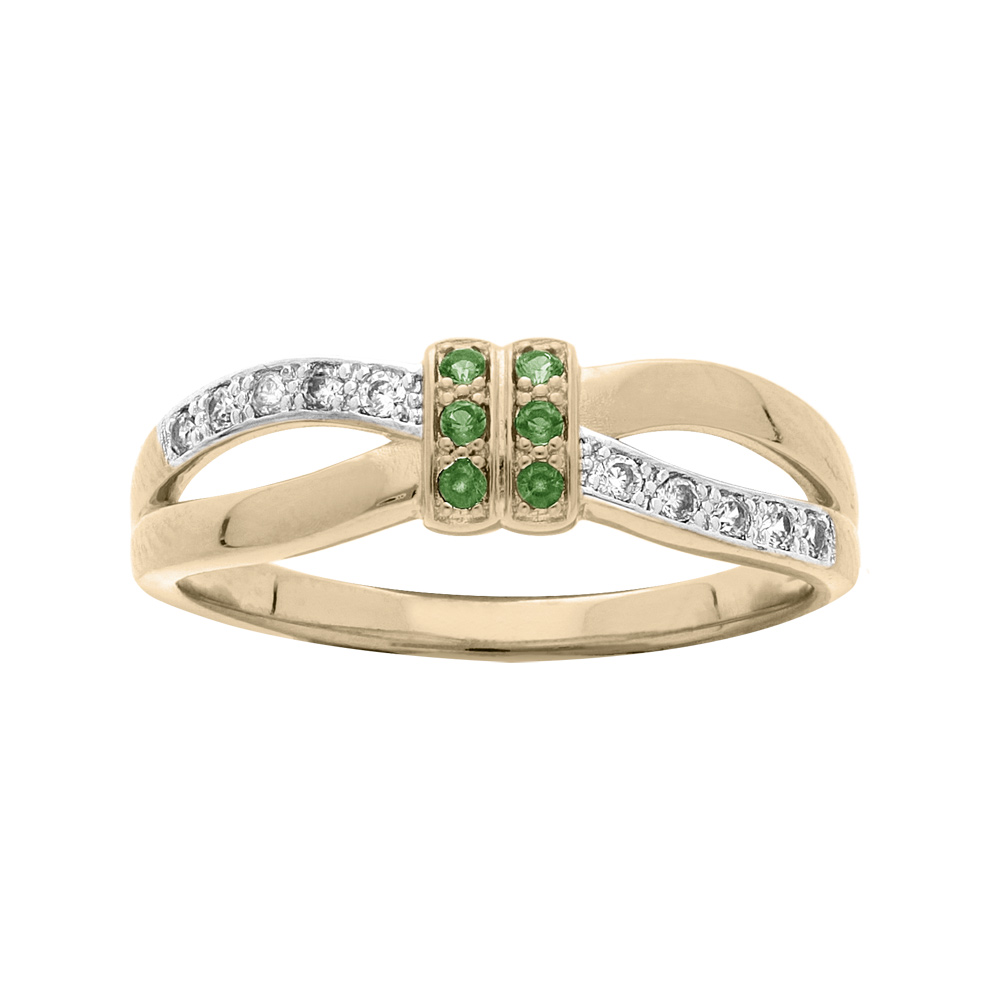Bague en plaqu� or boucle crois�e oxydes verts et blancs sertis - Vue 1