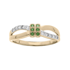 Bague en plaqu or boucle croise oxydes verts et blancs sertis - Vue 1