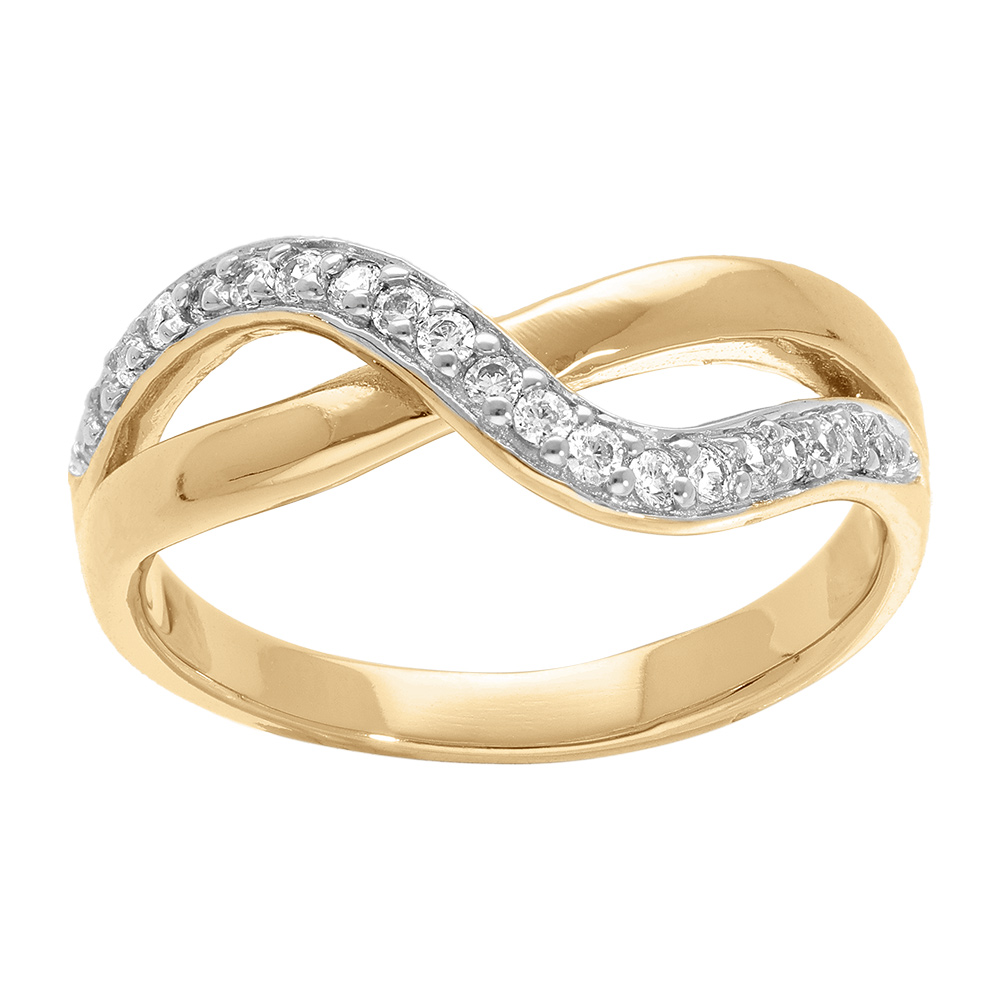 Bague en plaqu or brin crois avec rails d\'oxydes blancs sertis - Vue 1