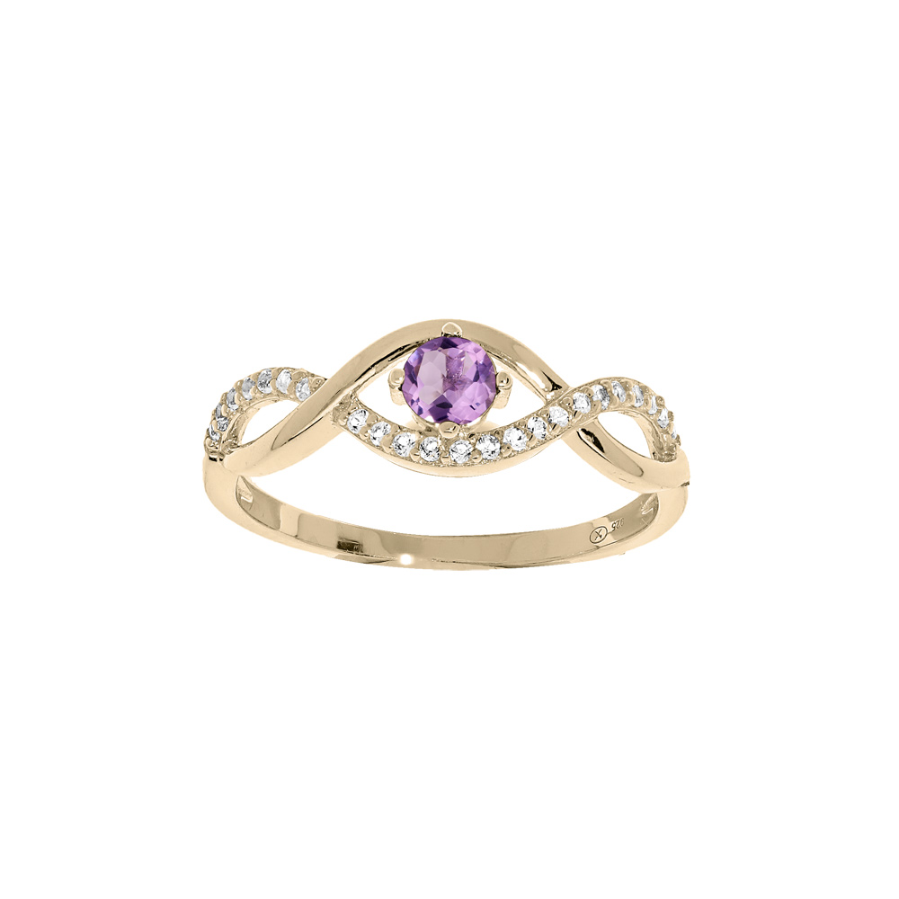 Bague en plaqu� or brins m�l�s avec Amethyste v�ritable et oxydes blancs sertis - Vue 1