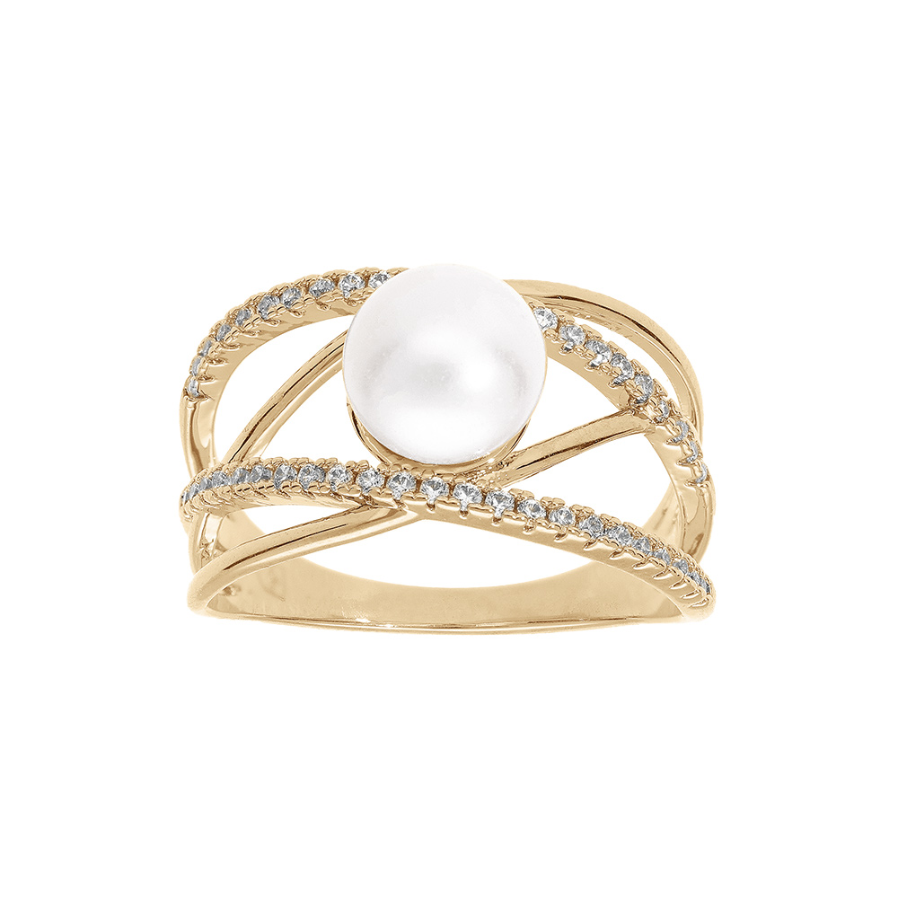 Bague en plaqu� or brins rois�s oxydes blancs sertis et perle blanche d\'eau douce - Vue 1