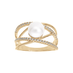 Bague en plaqu or brins roiss oxydes blancs sertis et perle blanche d\'eau douce - Vue 1