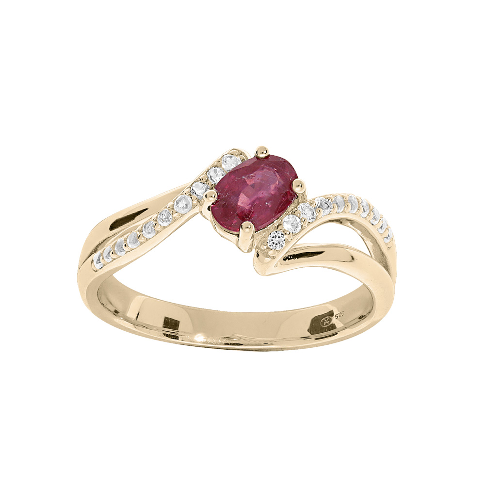 Bague en plaqu or brins torsads avec oxyde rouge et rails d\'oxydes blancs sertis - Vue 1