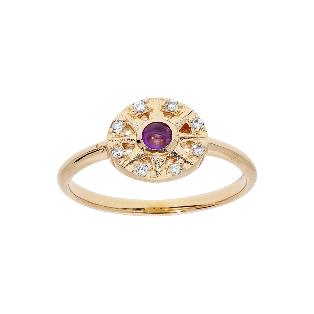 Bague en plaqu� or cercle d\'oxydes blancs et pierre Amethyste v�ritable - Vue 1