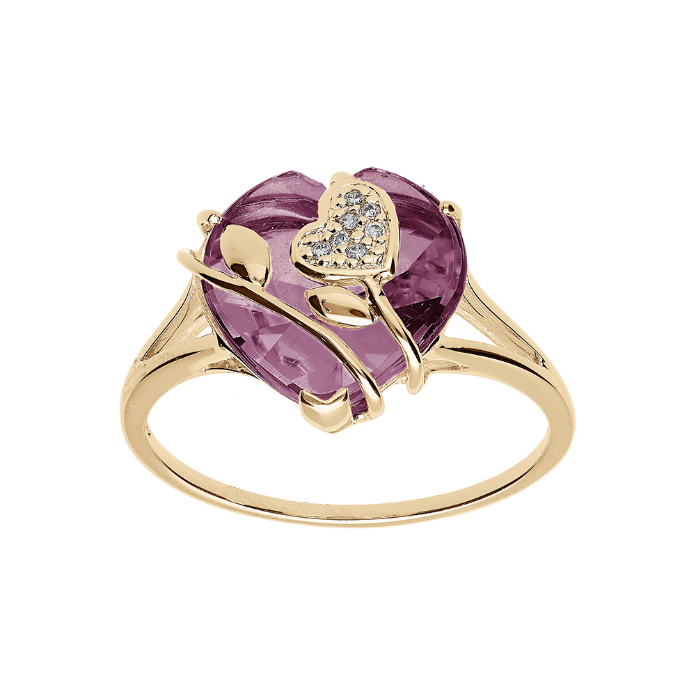 Bague en plaqu or coeur avec oxyde violet et volute - Vue 1