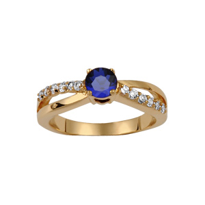 Bague en plaqu or collection joaillerie 2 brins croiss dont 1 lisse et l\'autre orn d\'oxydes blancs et gros oxyde bleu au centre - Vue 1