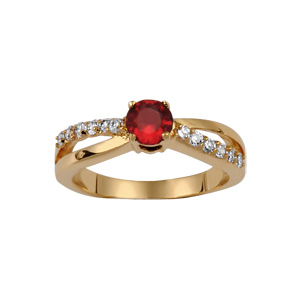 Bague en plaqu or collection joaillerie 2 brins croiss dont 1 lisse et l\'autre orn d\'oxydes blancs et gros oxyde rouge au centre - Vue 1