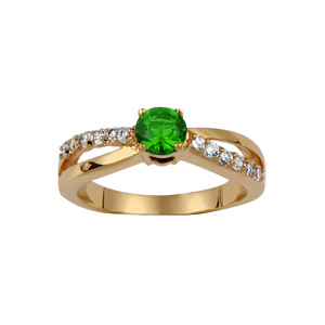 Bague en plaqu or collection joaillerie 2 brins croiss dont 1 lisse et l\'autre orn d\'oxydes blancs et gros oxyde vert au centre - Vue 1