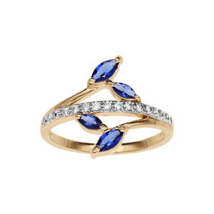 Bague en plaqu or collection joaillerie feuillage bleu nuit et rail d\'oxydes blancs sertis - Vue 1