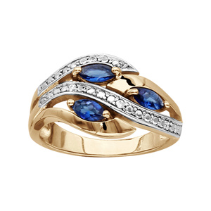 Bague en plaqu or collection joaillerie 3 navettes en oxydes bleus et rails d\'oxydes blancs sertis - Vue 1