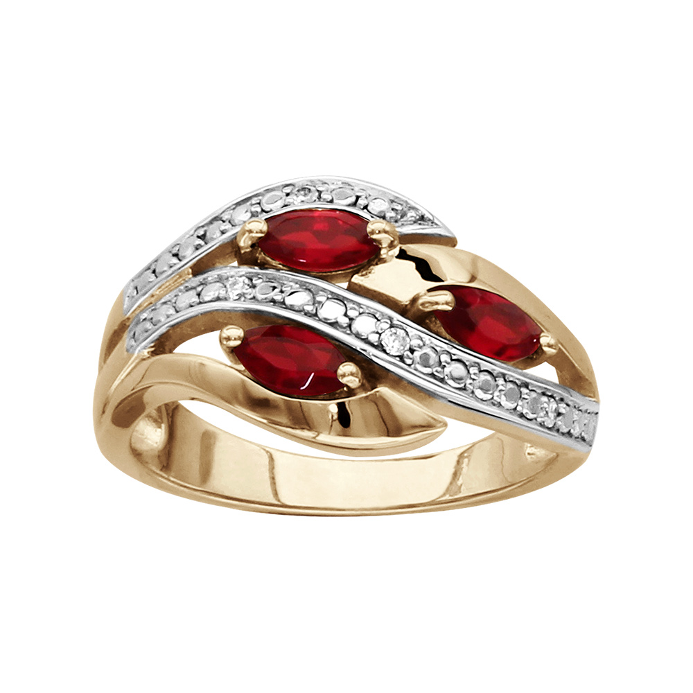 Bague en plaqu� or collection joaillerie 3 navettes en oxydes rouges et rails d\'oxydes blancs sertis - Vue 1