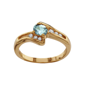 Bague en plaqu or collection joaillerie oxyde bleu ciel au centre et rangs de 3 oxydes blancs  l\'intrieur d\'une vague sur les cts - Vue 1