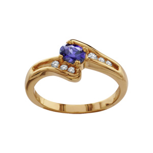 Bague en plaqu or collection joaillerie oxyde violet au centre et rangs de 3 oxydes blancs  l\'intrieur d\'une vague sur les cts - Vue 1