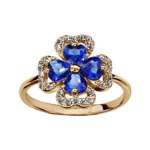 Bague en plaqu or collection joaillerie trfle  4 feuilles en oxydes bleus et contours en oxydes blancs sertis - Vue 1