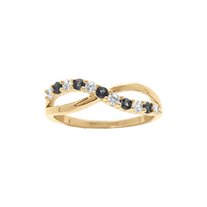 Bague en plaqué or croisée avec oxydes noirs et blancs sertis - Vue 1