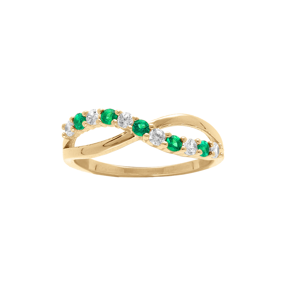 Bague en plaqu or croise avec oxydes verts et blancs sertis - Vue 1