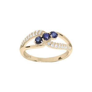 Bague en plaqu or croise d\'oxydes bleus et blancs sertis - Vue 1