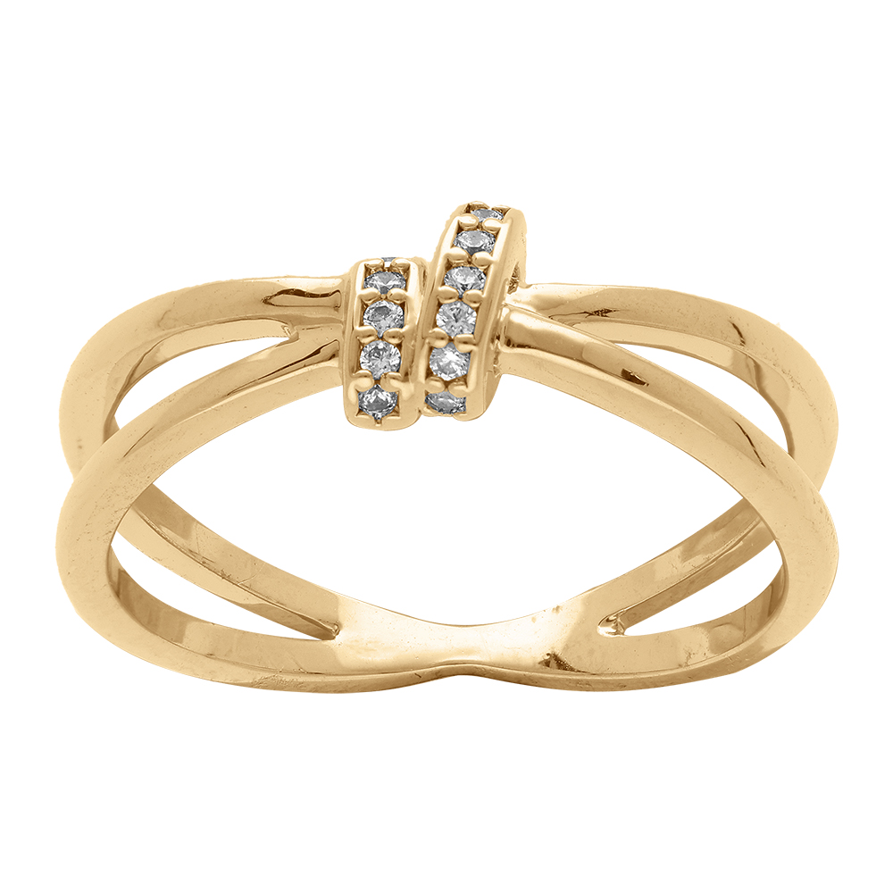 Bague en plaqu� or crois�e solitaire avec deux rangs d\'oxydes blancs sertis - Vue 1