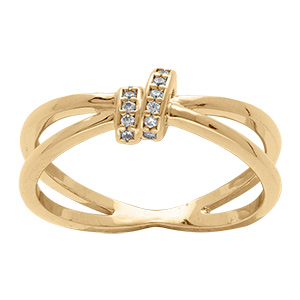 Bague en plaqu or croise solitaire avec deux rangs d\'oxydes blancs sertis - Vue 1