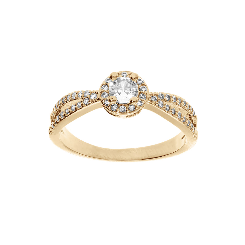 Bague en plaqu� or crois�e solitaire avec oxydes blancs sertis et 1 oxyde blanc serti griffe - Vue 1