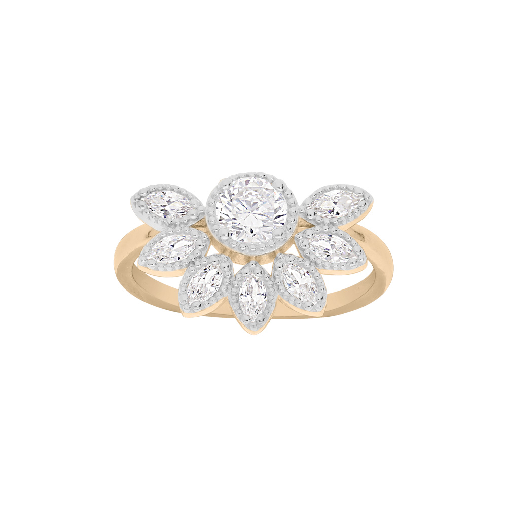 Bague en plaqu or demi fleur avec oxydes blancs sertis - Vue 1