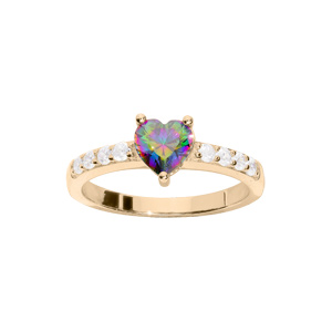 Bague en plaqu or demi rail d\'oxydes blancs sertis et oxyde centrale forme coeur arc en ciel mystique - Vue 1