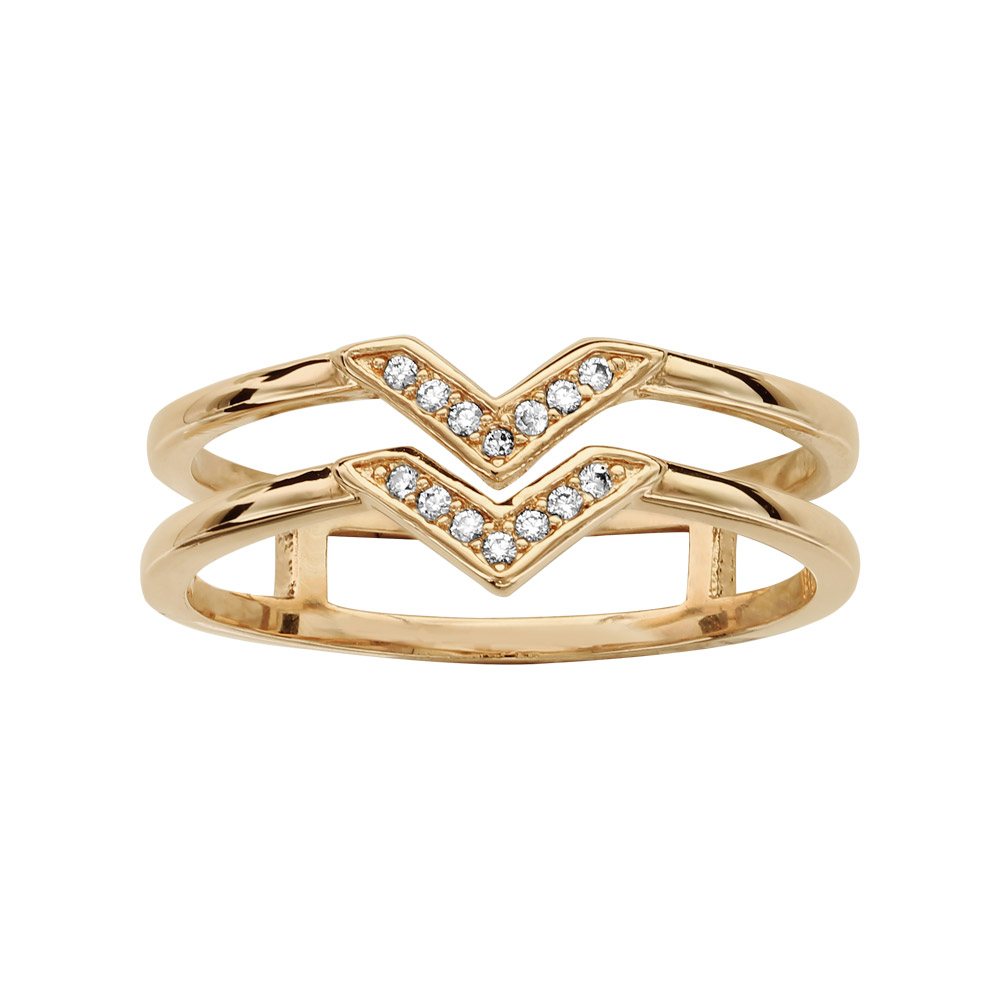 Bague en plaqu or double motif V oxydes blancs sertis - Vue 1