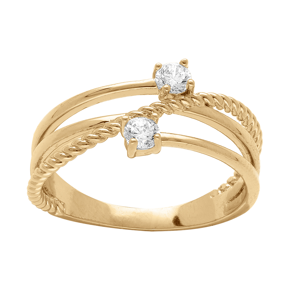 Bague en plaqu� or entrelac�s d\'un duo d\'oxydes blancs sertis - Vue 1