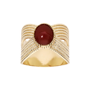 Bague en plaqu or ethnique croise avec pierre rouge - Vue 1