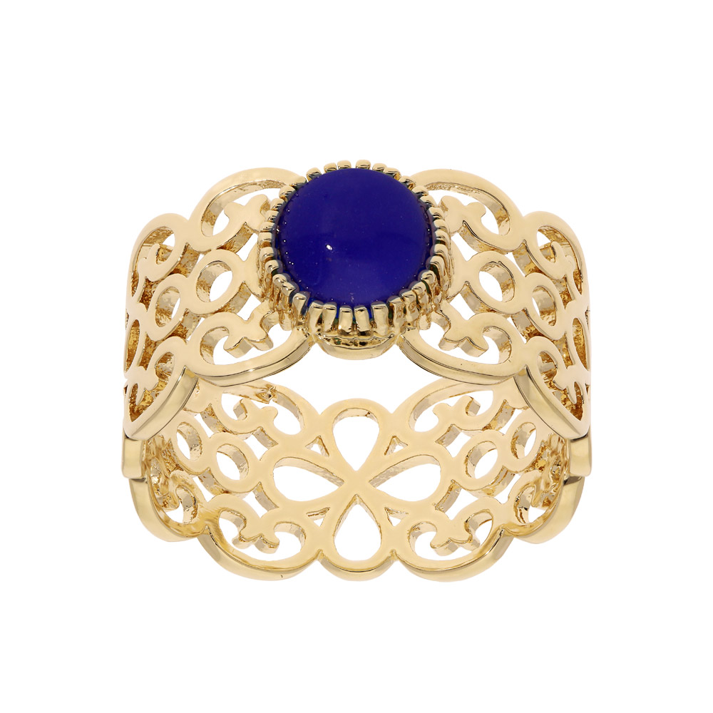Bague en plaqu or ethnique filigrane avec pierre ronde bleu fonce - Vue 1