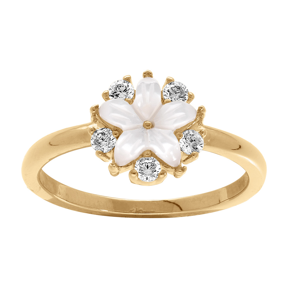 Bague en plaqu� or fleur nacre v�ritable entour�e d\'oxydes blancs - Vue 1