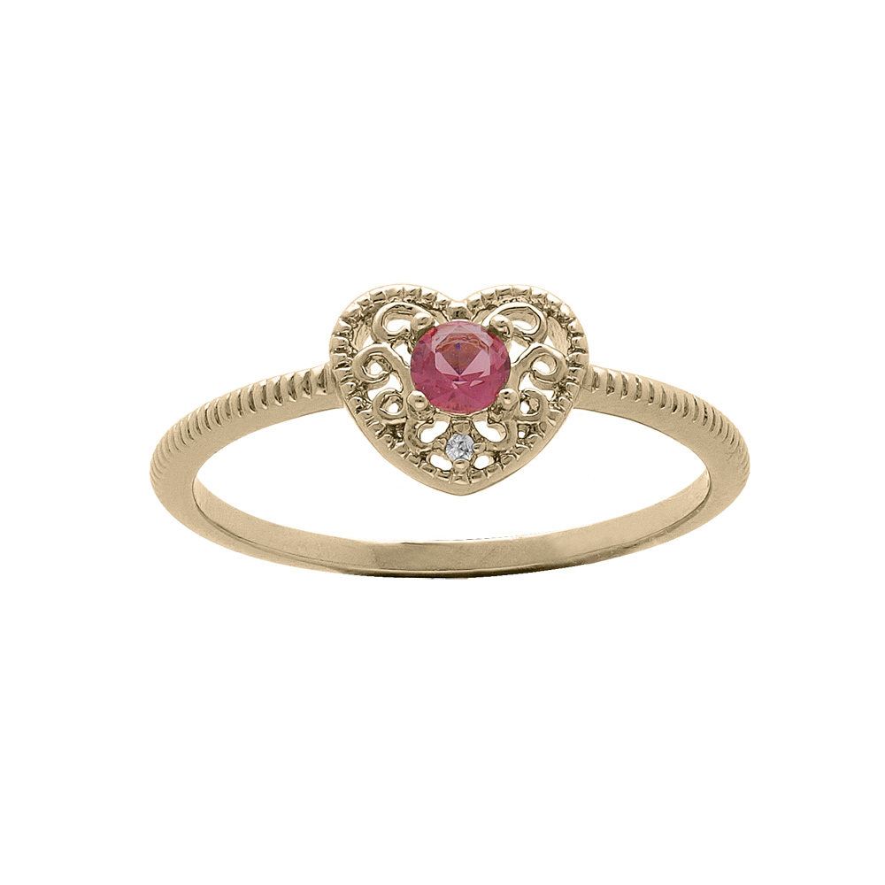 Bague en plaqu or forme coeur ajoure et oxyde fushia - Vue 1