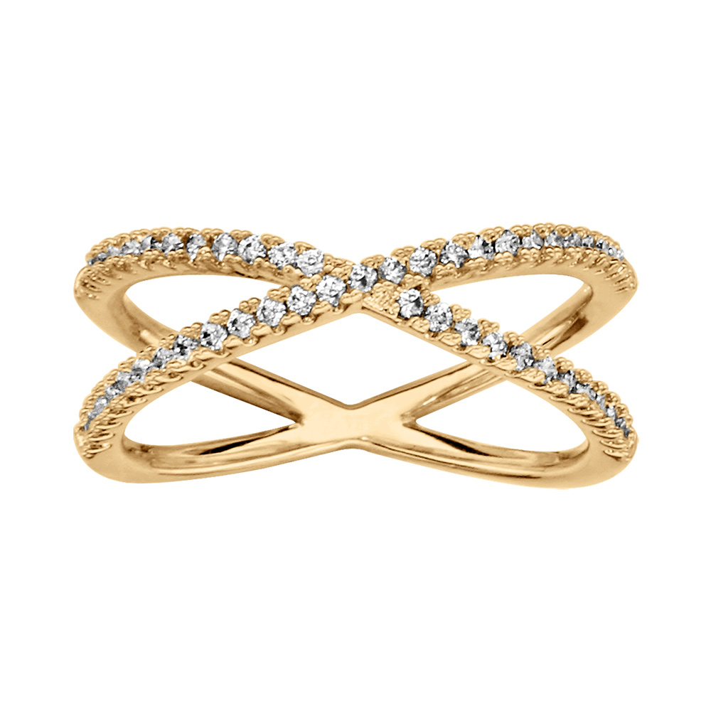 Bague en plaqu� or forme X en oxydes blancs sertis - Vue 1