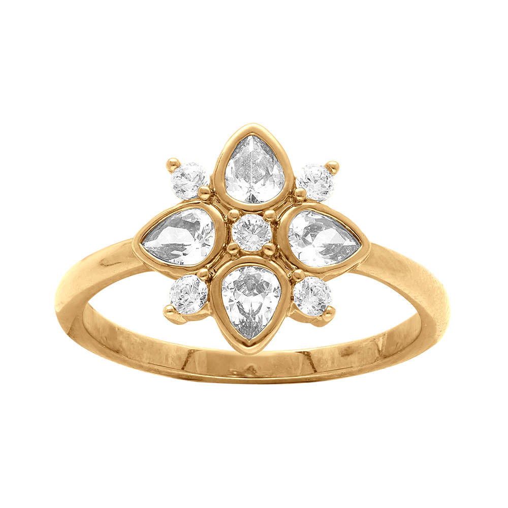 Bague en plaqu� or forme fleur avec oxydes blancs sertis clos - Vue 1